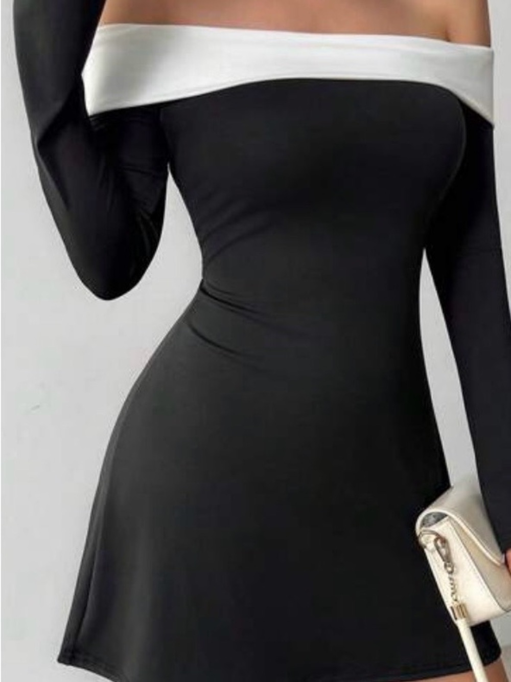 Off-Shoulder Black Dress with White Foldover Neckline